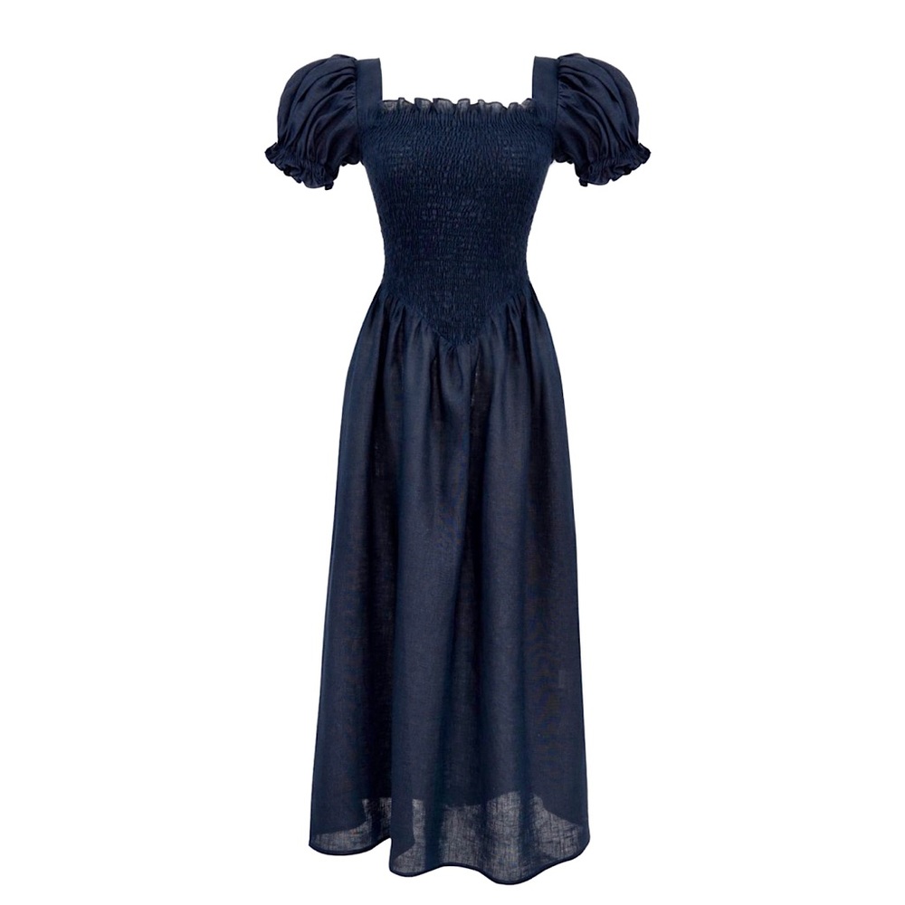 SOLD New Sleeper Dress Linen Handmade Belle Blue Large L NWT Midi Maxi Smocked - Picture 13 of 13